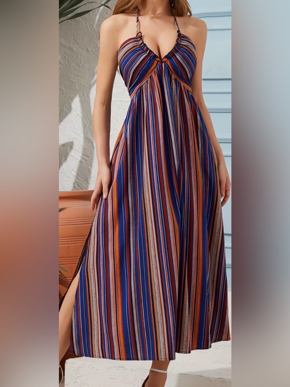 SHEIN Striped Halter Maxi Skirt — Navy, Rust, Cream